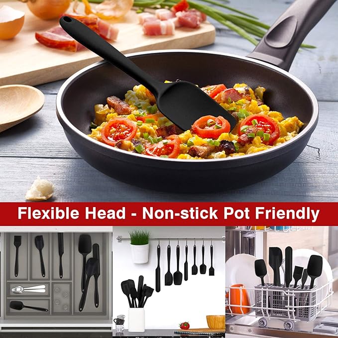 Silicone Spatula Set of 7, P&P CHEF Heat-Resistant Rubber Spatulas Kitchen Utensils Set for Non-stick Cooking Baking Mixing, Seamless & Flexible Design, Dishwasher Safe, Black