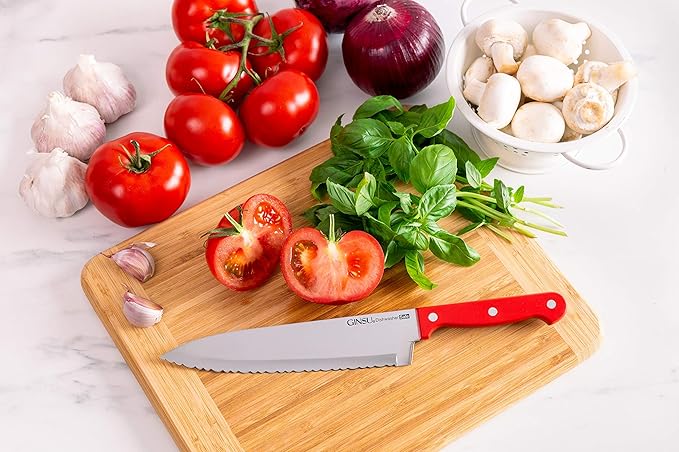 Ginsu Kiso 14-Piece Red Knife Set with Natural Block - Dishwasher Safe and Always Sharp