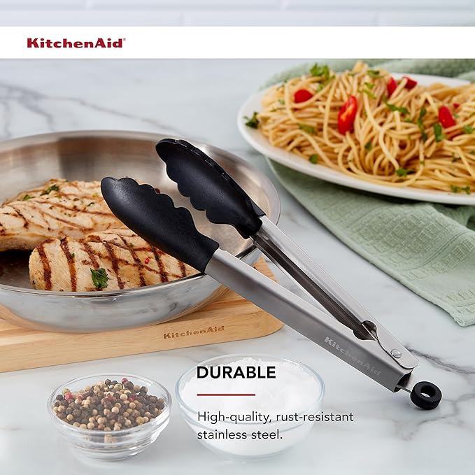 KitchenAid Silicone Tipped Stainless Steel Tongs, Black, 9 Inch