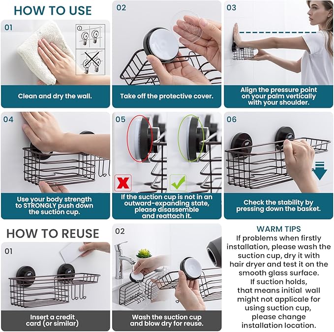 TAILI Shower Caddy Suction Cup with Hooks & Soap Holder, Heavy Duty Bathroom Shower Organizer, No Drilling Shelves for Inside Bathroom, Metal Storage Basket-Brown