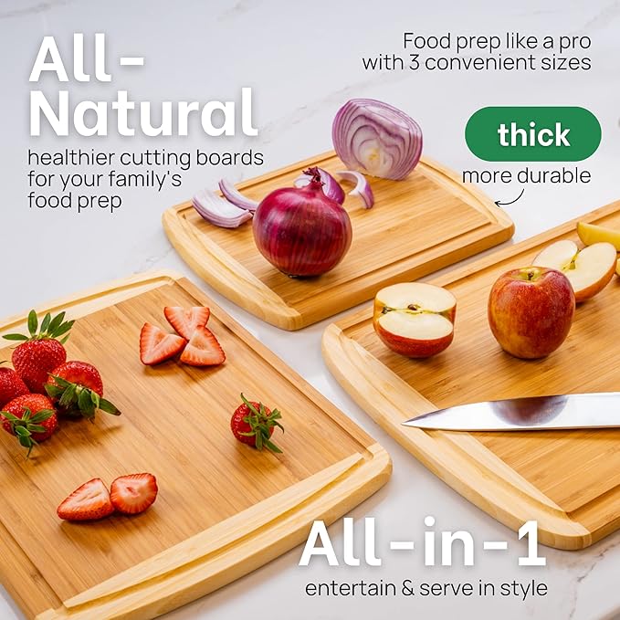 Organic Wooden Cutting Boards for Kitchen Set of 3 with Lifetime Replacements – Premium Extra Large Bamboo Chopping Boards with Juice Grooves for Carving & Serving, Non-Toxic & Durable by Greener Chef