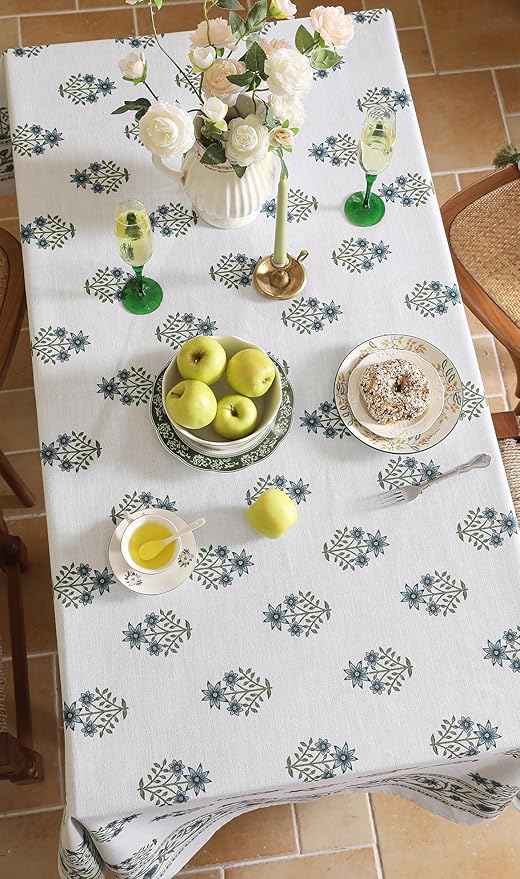 ISAENNE Designer White Linen Small Tablecloth Rectangular,Chinoiserie Floral Elegant Indoor Table Cloth,Fall Stain Proof Decor Tablecloths for Dining Thanksgiving Kitchen,55"*87"-Mosella F