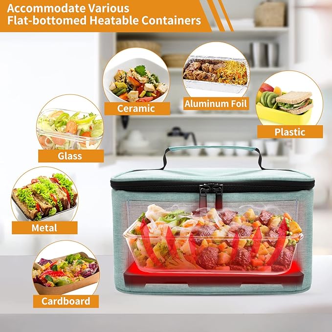 Aotto Portable Oven Electric Lunch Box Food Heater - 12V/24V 2-in-1 Car Food Warmer, Heated Lunch Box for Adults, Cook, Reheat, and Keep Meals Warm for Car, Truck, Travel - Lake Green
