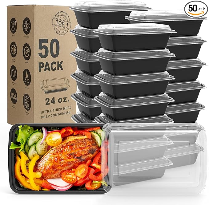 WGCC Meal Prep Containers, 50 Pack Extra-thick Food Storage Containers with Lids, Disposable & Reusable Plastic Bento Lunch Box, BPA Free, Stackable, Microwave/Dishwasher/Freezer Safe (24 oz)
