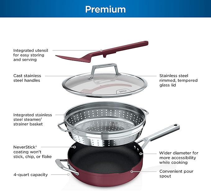 Ninja, Cookware, Steamer, Strainer Basket, Glass Lid and Spatula, Foodi NeverStick PossiblePan, Premium Set with 4-Quart Capacity Pan, Nonstick, Durable, Oven Safe Cookware, Cherry Tart, CW102RD