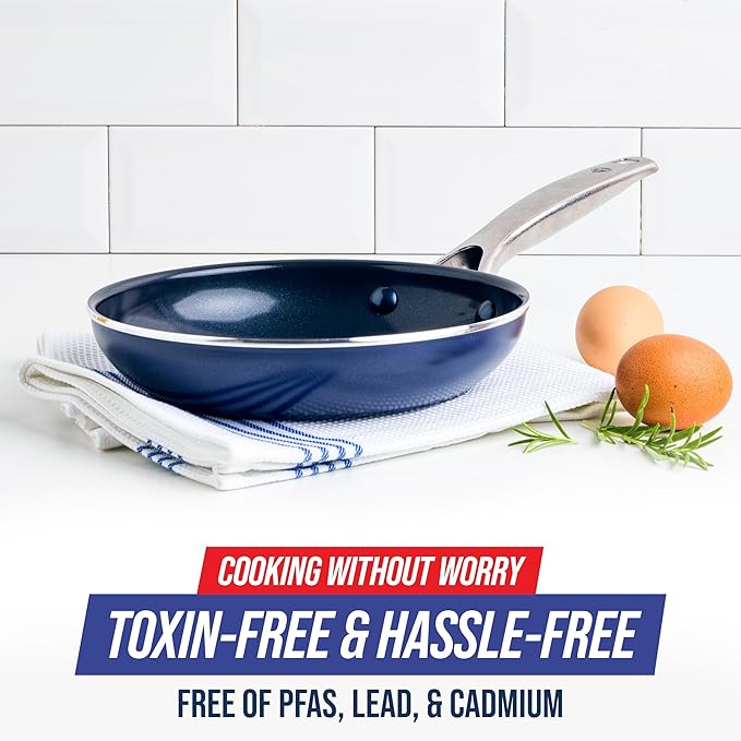 Blue Diamond Frying Pan 8” Skillet, Diamond Infused Healthy Ceramic Nonstick, PFAS and PFOA-Free, Dishwasher and Oven Safe, Even Heating, Metal Utensil Safe, Warp Control Base, Blue (Pack of 4)