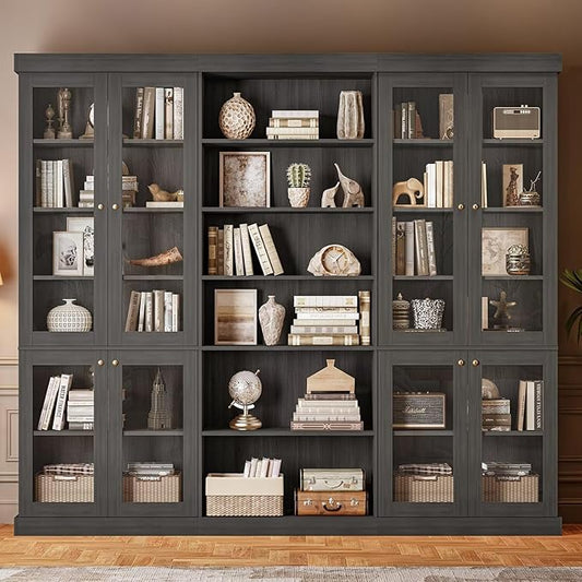 70.8" Tall Farmhouse Bookshelf with Glass Doors, Modular Bookcase with 6-Tier Adjustable Shelves, Large Storage Cabinet for Kitchen, Living Room, Black, Set of 3