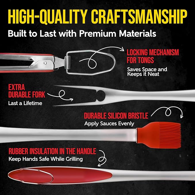 Kaluns BBQ Grilling Accessories, Grilling Gifts for Men Dad, Grill Tools for Outdoor Grill, Heavy Duty Stainless Steel Grill Set with Spatula, Tongs, Fork, Brush, & Grilling Mat, Best BBQ Gifts