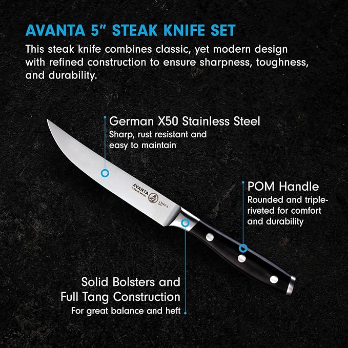Messermeister Avanta 5” Fine Edge Steak Knife Set - German X50 Stainless Steel - Rust Resistant & Easy to Maintain - Includes 4 Steak Knives