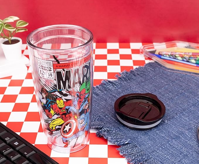 Silver Buffalo Marvel Avengers Featuring Spider-Man, Captain America, Thor, Hulk, and Iron Man Double Wall Travel Tumbler with Slide Close Lid, 20 Ounces