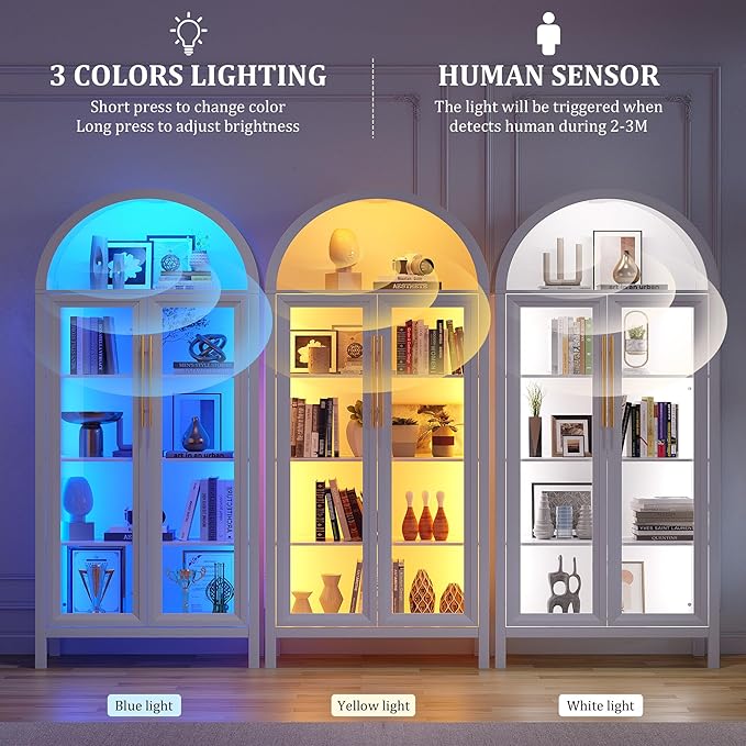 Arched Kitchen Pantry Cabinet with Glass Doors, Display Curio Case with 3 Color LED Lights for Collectibles, Modern 5-Tier Storage Hutch Cabinet, White