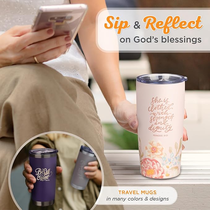 Christian Art Gifts Large Stainless Steel Inspirational Travel Mug Tumbler for Women: Strength & Dignity Scripture, Sturdy Vacuum Insulated, Hot/Cold, Retractable Lid, Pink Multicolor Floral, 18 oz.