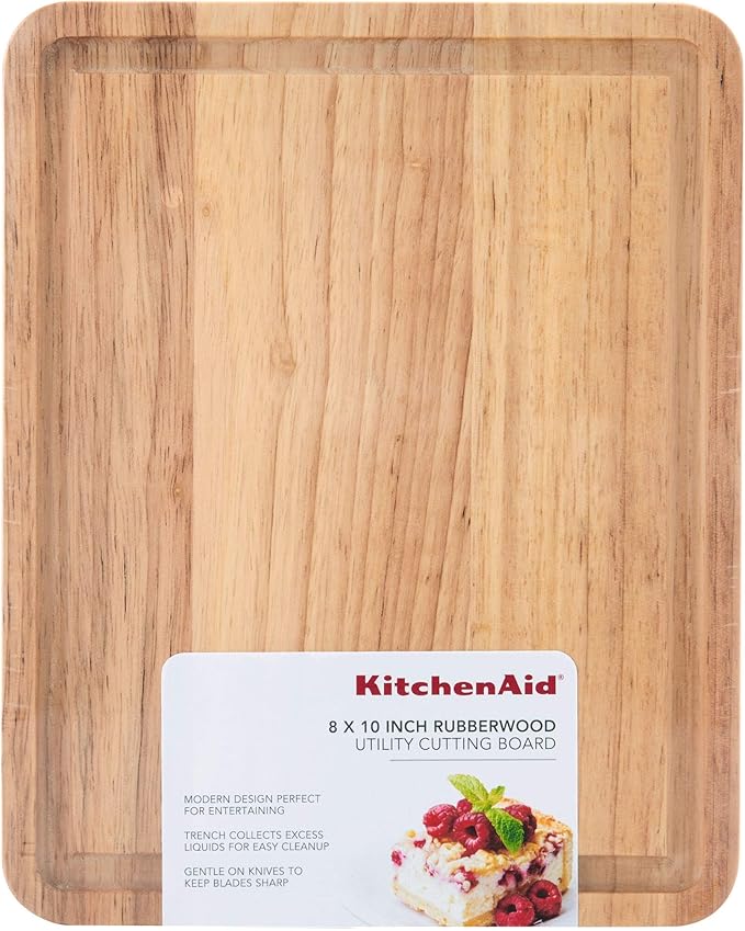 KitchenAid Classic Rubberwood Cutting Board with Perimeter Trench, Reversible Chopping Board, 8-inch x 10-Inch, Natural