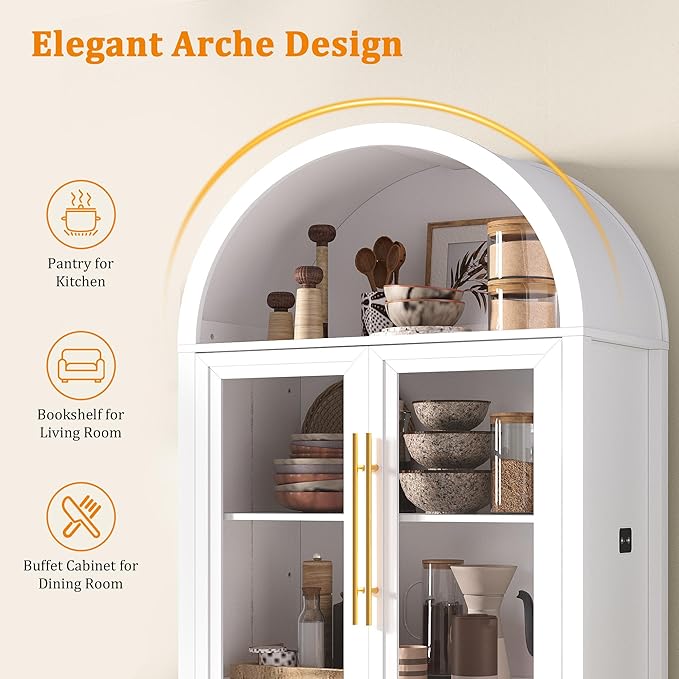 Arched Kitchen Pantry Cabinet with Glass Doors, Display Curio Case with 3 Color LED Lights for Collectibles, Modern 5-Tier Storage Hutch Cabinet, White