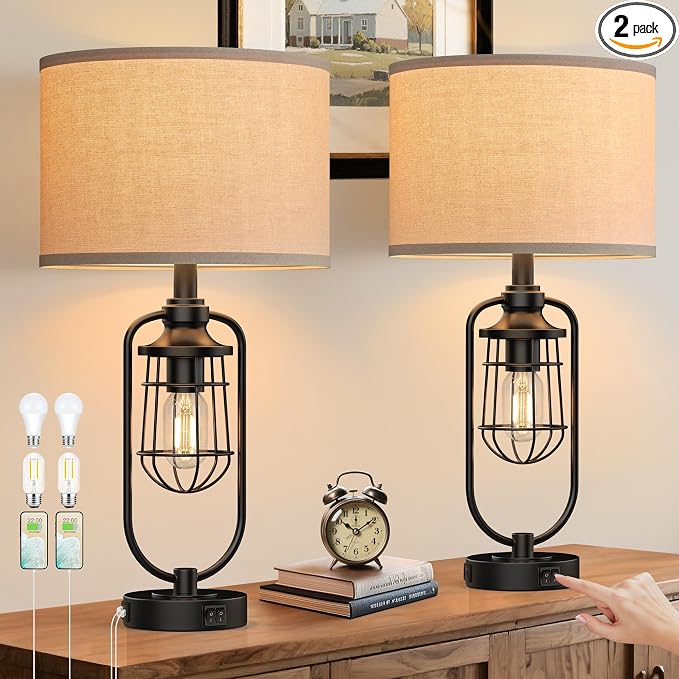 24" Farmhouse Table Lamps for Living Room Set of 2, Industrial Bedside Lamp for by SRJJRS