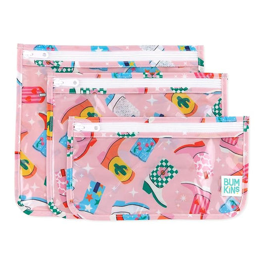 Bumkins Travel Bag, Toiletry, TSA Approved Pouch, Zip Bag, Quart Size Airline Compliant, Clear-Sided, Baby Diaper Bag Organization, Makeup, Accessories, CarryOn Packing, Set of 3 Sizes, Cowgirl Boots