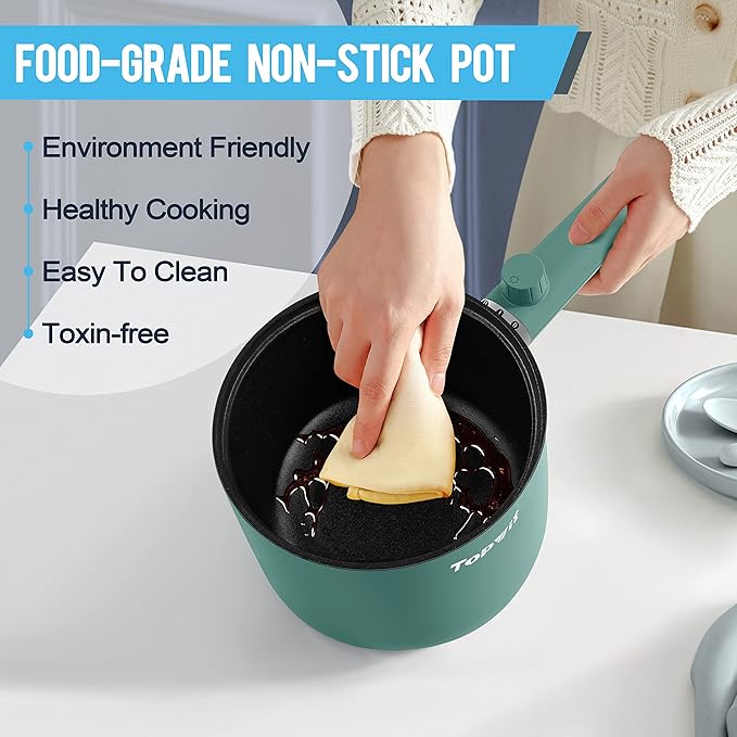 Topwit Hot Pot Electric, 1.5L Ramen Cooker, Non-Stick Frying Pan, Electric Pot for Pasta, Steak, BPA Free, Dual Power Control, Over-Heating & Boil Dry Protection, Green