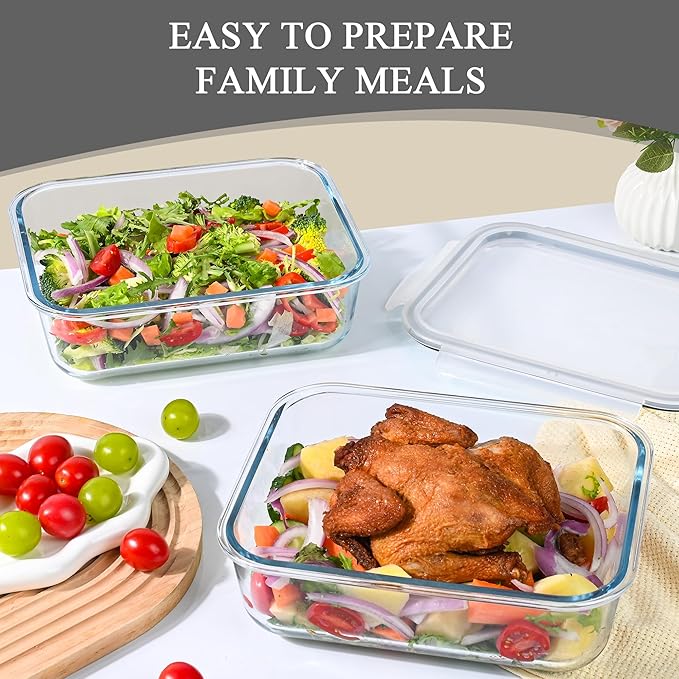 GEHE 9.8 Cup / 78 Oz Large Glass Food Storage Containers with Lids, 2 Pack Glass Meal Prep Containers Set with Airtight Locking Lids - Storing Food, Baking, Leakproof, Freezer, Microwave & Oven Safe