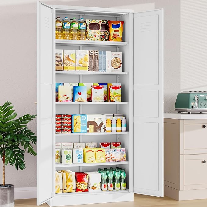 SISESOL White Metal Storage Cabinet,71" Tall Pantry Cabinet,Kitchen Pantry Storage Cabinets with 2 Doors and 6 Shelves,Wide Deep Food Cupboard for Home,Kitchen,Dining/Living Room