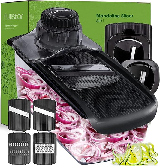 Fullstar Mandoline Slicer for Kitchen, Fruit Cutter, Cheese Grater, Cucumber Slicer, Veggie Spiralizer, Food Cutter & Kitchen Gadgets & Gifts with Safety Glove (6 in 1, Black)