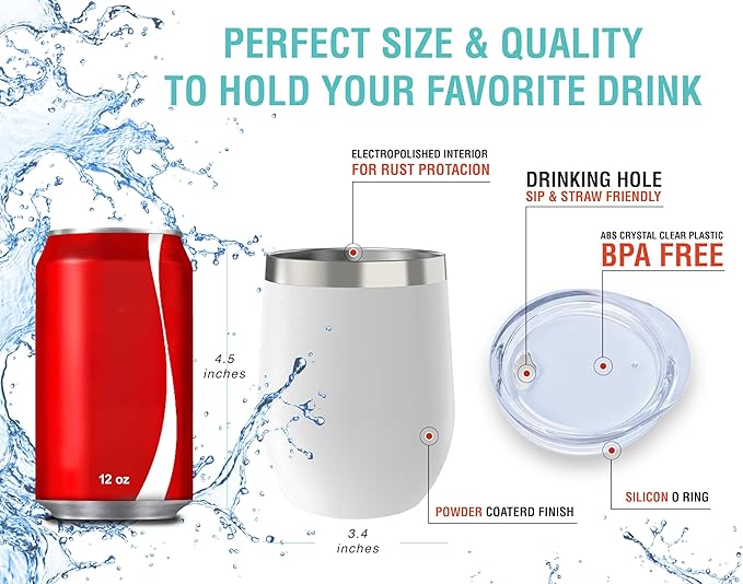 CHILLOUT LIFE 12 oz Stainless Steel Wine Tumblers 2 Pack - Double Wall Vacuum Insulated Wine Glasses Cups with Lids and Straws Set Keeping Cold & Hot for Coffee, Beer, Ice Cream - Powder Coated White