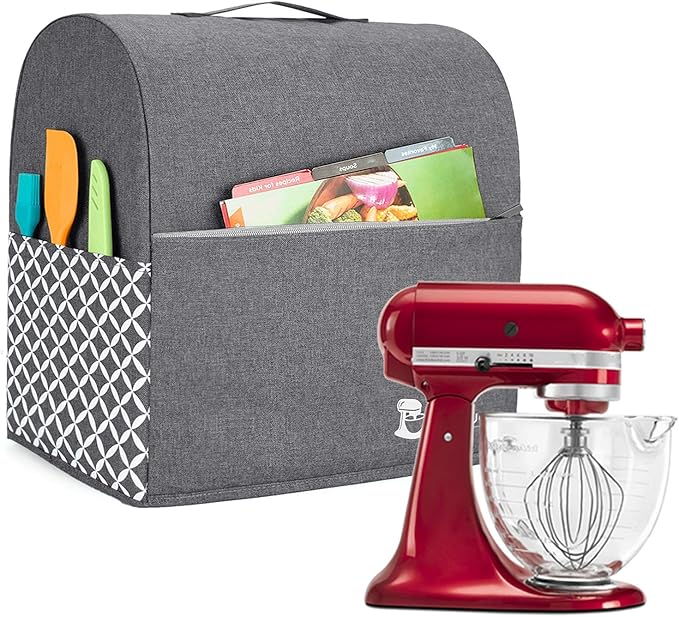 Yarwo Stand Mixer Cover Compatible with 4.5 qt and All 5 qt KitchenAid Mixer, Protective Dust Cover with Top Handle and Pockets for Accessories, Gray with Grid