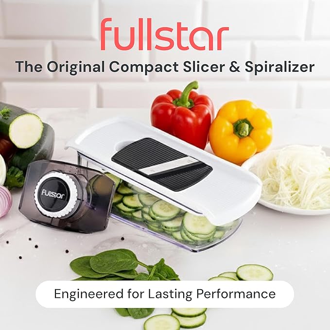 Fullstar Mandoline Slicer for Kitchen, Fruit Cutter, Cheese Grater, Cucumber Slicer, Veggie Spiralizer, Food Cutter & Kitchen Gadgets & Gifts with Safety Glove (6 in 1, Gray/Green)