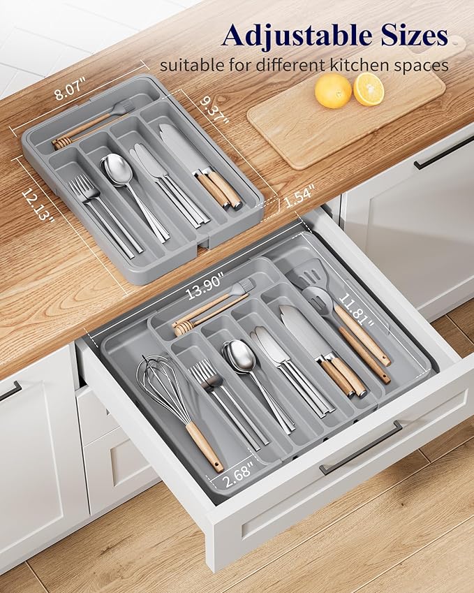 Kitsure Cutlery Drawer Organiser for Kitchen - Adjustable Cutlery Tray for Effortless Utensil Sorting, Versatile Kitchen Storage & Organisation Solution, 12.13" x 1.54" x 8.07"~13.90", Light Grey