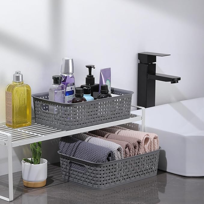 NETANY Plastic Storage Baskets - 8 Pack, Gray, Durable, Easy to Use, Flexible, Multi-Purpose, Ideal for Closets, Cabinets, Shelves, Countertops