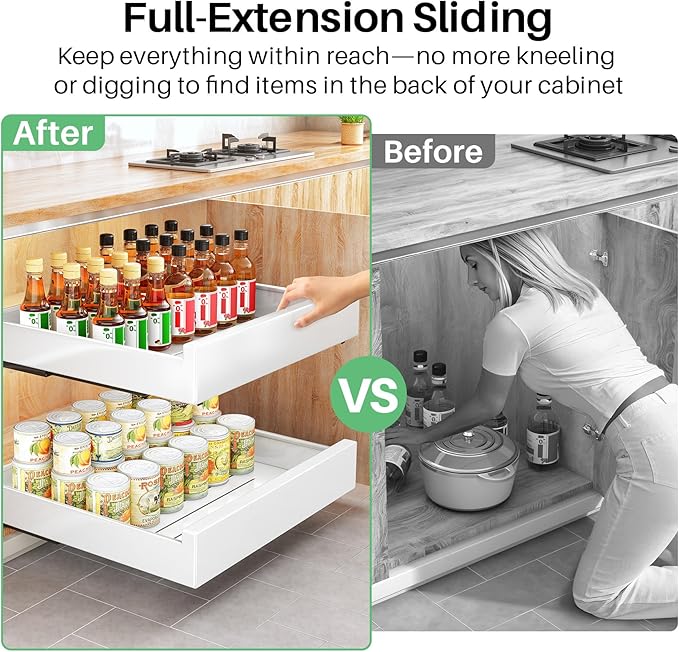 Pull Out Cabinet Organizer with Nano Adhesive, Heavy Duty Full-Extension Slide-Out Drawer for Kitchen Cabinet Organizers and Storage, No Drill Roll out Pantry Shelf, 13.8"W x 16.9"D x 3.1"H , White
