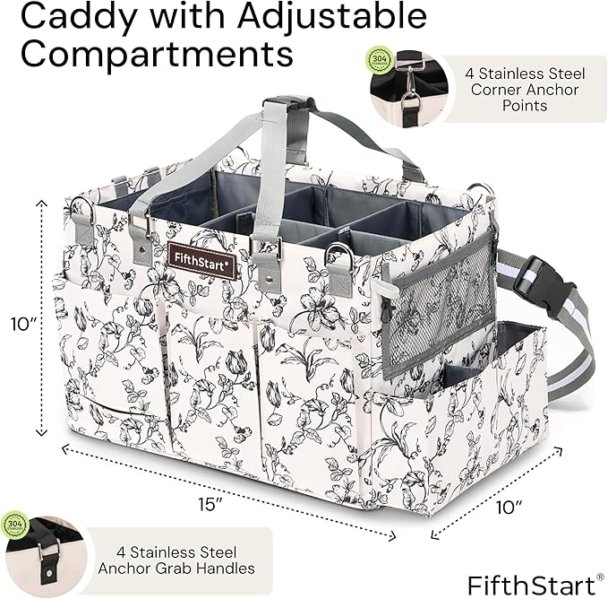 FifthStart Multiuse Cleaning Caddy with Waist & Shoulder Strap - Diaper Caddy & Beach Bag - 9 Pockets & Mesh Base - Adjustable Compartments (Black, Small) - Cleaning Supplies Organizer Bag