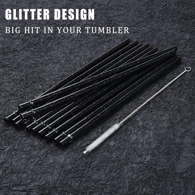ALINK 12PCS Reusable Black Glitter Straws, 11" Long Hard Plastic Tumbler Drinking Straws for 16 OZ 20 OZ 30 OZ Stanley, YETI, Mason Jar, Starbucks Tumblers with Cleaning Brush