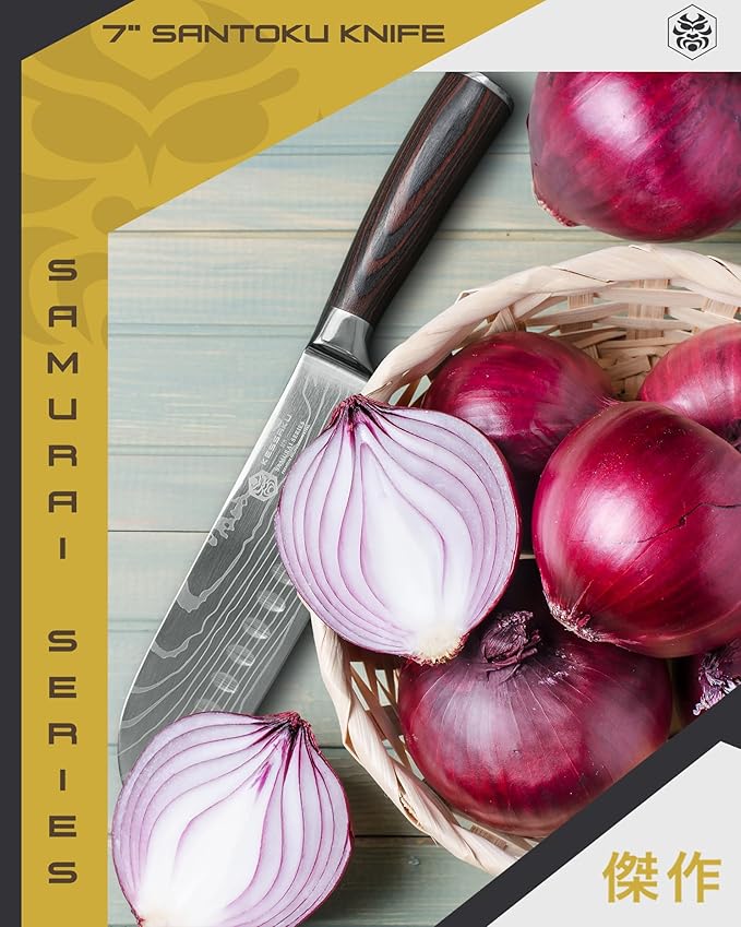 KESSAKU Santoku Knife - 7 inch - Samurai Series - Razor Sharp Kitchen Knife - Forged 7Cr17MoV High Carbon Stainless Steel - Wood Handle with Blade Guard