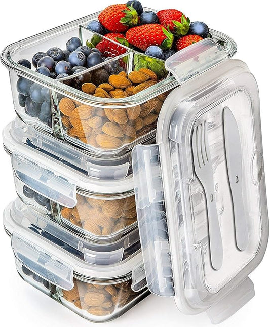PrepNaturals 3 Pack 34 Oz Glass Meal Prep Containers - Dishwasher Microwave Freezer Oven Safe - Glass Storage Containers with Lids (Multi-Compartment)