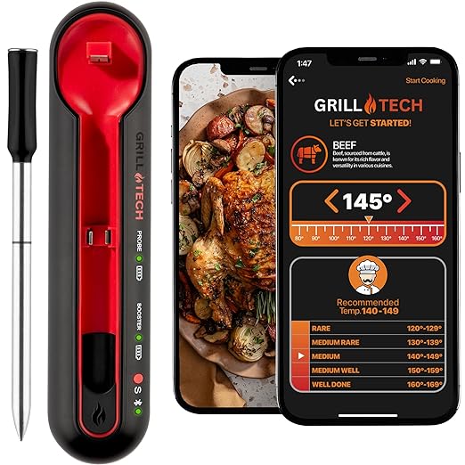 Grill Tech Wireless Meat Thermometer Digital – Bluetooth Smart Food Thermometer, Perfectly Cook Your Steak, Chicken, Brisket And More, 950ft Range, USB-C Rechargeable Case & GrillTech App for Grilling