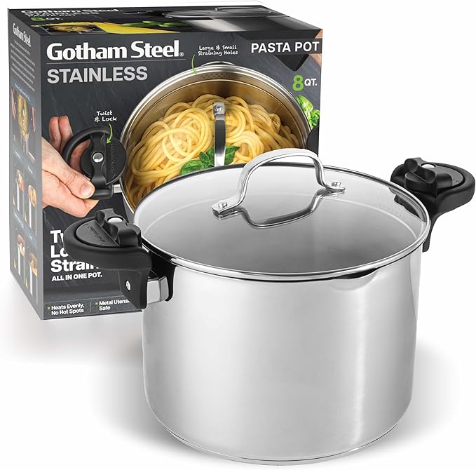 GOTHAM STEEL 8 Qt Stainless Steel Stock Pot Multipurpose Pasta Pot with Strainer Lid & Twist and Lock Handles, for Soup, Spaghetti, Rice, Induction Ready, Dishwasher Safe