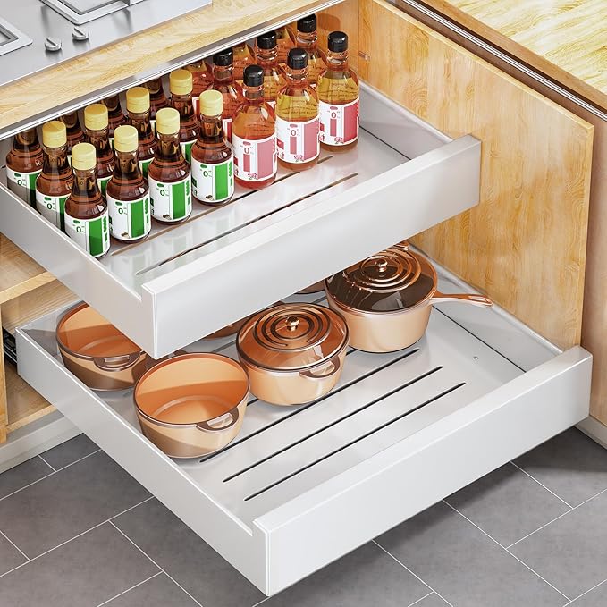 Pull out Cabinet Organizer, 21"Deep, 16.9"Wide Full-Extension Heavy Duty Slide out Drawers with Nano Adhesive, Roll Out Shelf Sliding Cabinet Storage for Kitchen, Bathroom, Pantry, Under Sink(White)