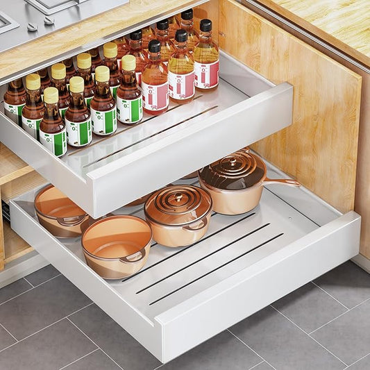 Pull out Cabinet Organizer, 21"Deep, 16.9"Wide Full-Extension Heavy Duty Slide out Drawers with Nano Adhesive, Roll Out Shelf Sliding Cabinet Storage for Kitchen, Bathroom, Pantry, Under Sink(White)