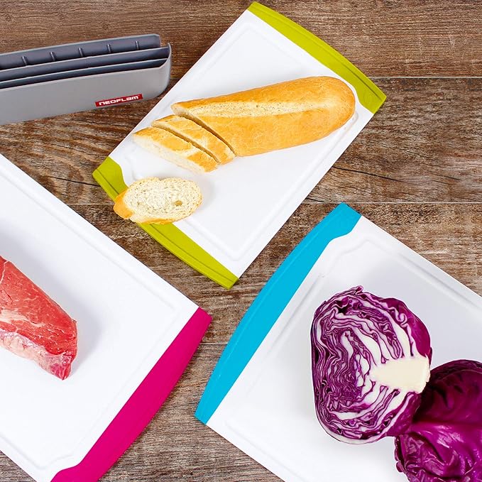 Neoflam 4 Piece Plastic Coded Cutting Board Set plus Organizer with Food Icon, Microban Protection, Extra Large, BPA Free, Juice Groove, Non Slip, Dishwasher Safe, Multicolor