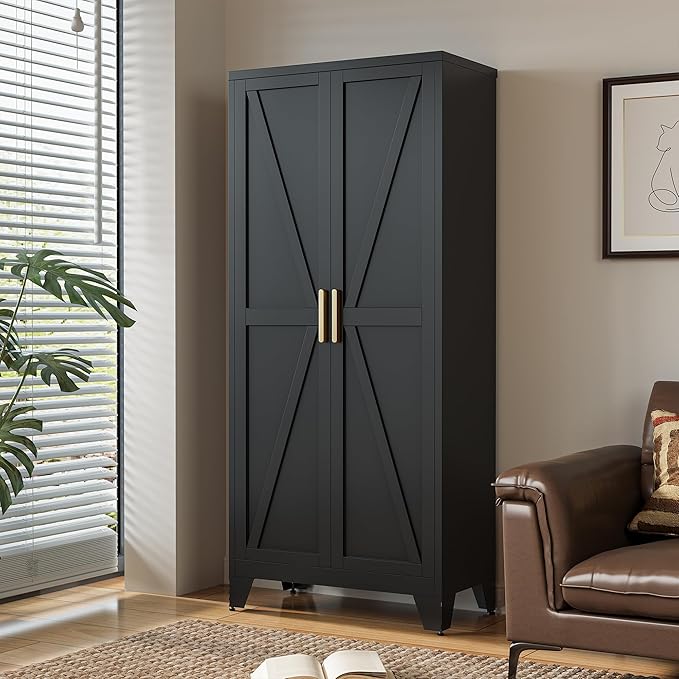 71" Tall Metal Storage Cabinet with 2 Doors and 4 Adjustable Shelves, 5-Tier Kitchen Pantry Storage Cabinet for Kitchen, Living Room, Dining Room and Office, Black