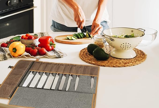 Denifiter Professional Chef's Knife Bag with Anti Cutting Fabric Inside, Heavy Duty 16oz Waxed Canvas Knife Roll, 11 Slots & Durable Handle Adjustable Shoulder Strap (Grey)