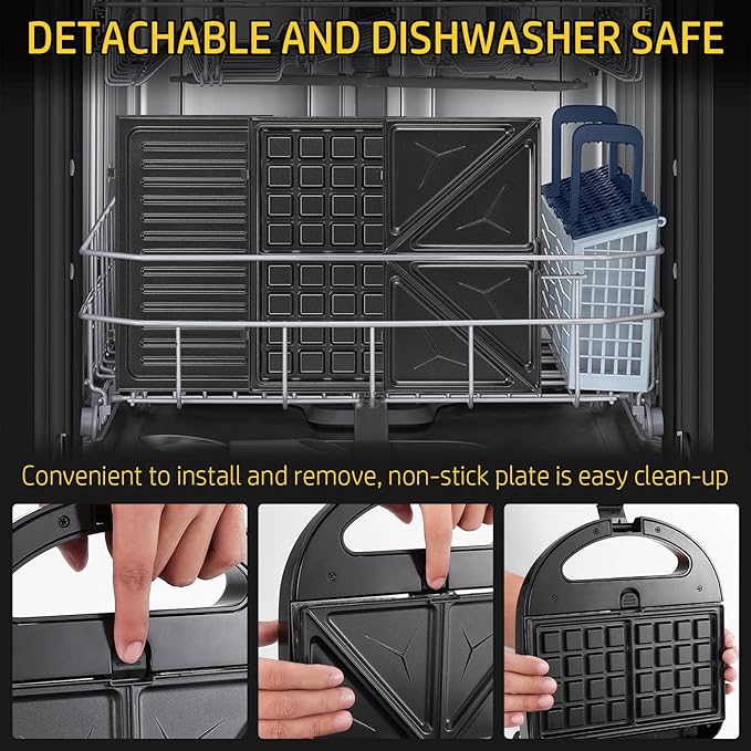 OSTBA 3 in 1 Sandwich Maker Panini Press Waffle Iron Set with 3 Removable Non-Stick Plates, 750 W Toaster Perfect for Sandwiches Grilled Cheese Steak, Black