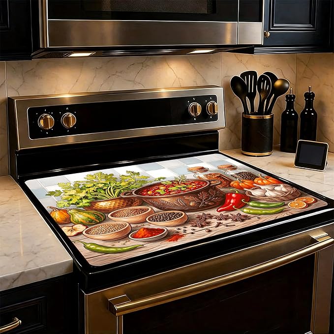 Farmhouse Spice Stove Top Cover 28.3 x 20.5 Inches, Vegetable Herb Glass Stove by KKYEJLQYI