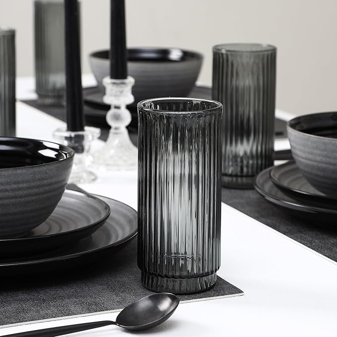 Stone Lain Dua 16-Piece Dinnerware Set Stoneware, Borosilicate Glass, Black