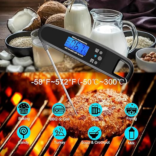 Meat Thermometer Digital, IP67 Waterproof Cooking Thermometer with Backlight & Hold Function, Instant Read Food Thermometer for Cooking, Outdoor Grilling, Candy Making (Black)