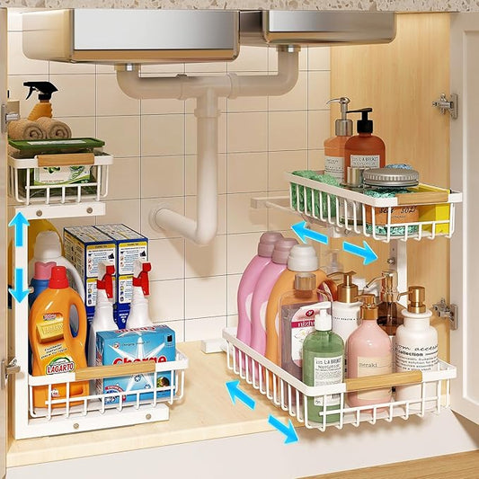 REALINN Under Sink Organizer, Height Adjustable Under Sink Organizers and Storage, 2 Tier Pull Out Drawer Cabinet Storage for Kitchen Bathroom, 2 Pack, White