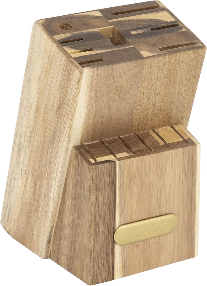 Farberware 15-Piece Triple Riveted Acacia Knife Block Set, High Carbon-Stainless Steel Kitchen Knives with Ergonomic Handles, Razor-Sharp Knife Set, Pink and Gold