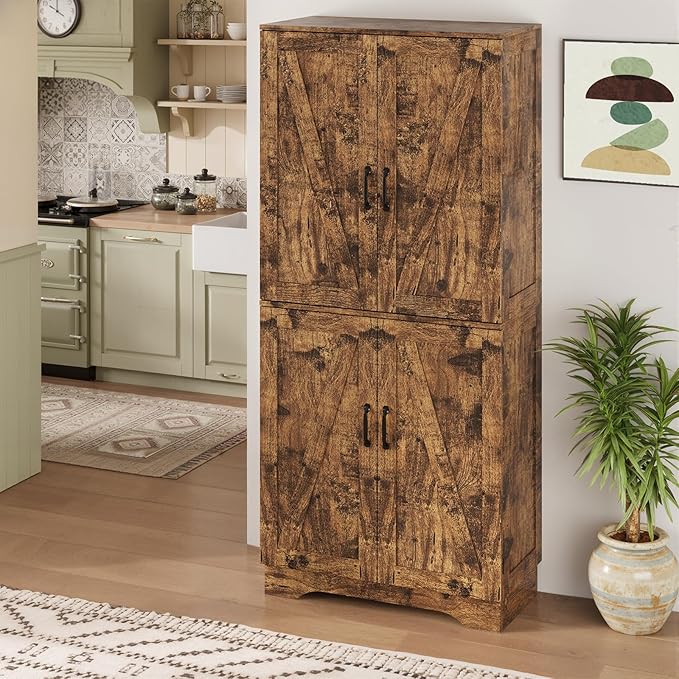 71" Tall Kitchen Pantry, Farmhouse Storage Cabinet with Doors, Shelves, Rustic Wood Cupboard, Built-in Wine Storage Grid & 6 Door Shelves for Kitchen, Dining Room, Rustic Brown
