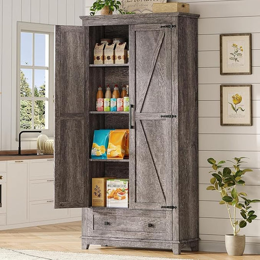 AMERLIFE 72" Tall Kitchen Pantry Storage Cabinet, Farmhouse Food Pantry Cabinet for Kitchen, Living Room, Dining Room, Adjustable Shelves and Drawer, Rustic Grey