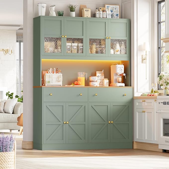 FINETONES 71" Pantry Cabinet with LED Light and Charging Station, Farmhouse Kitchen Pantry Cabinet with Microwave Stand, 47.2" Wide Kitchen Hutch Food Pantry with Open Countertop, Green